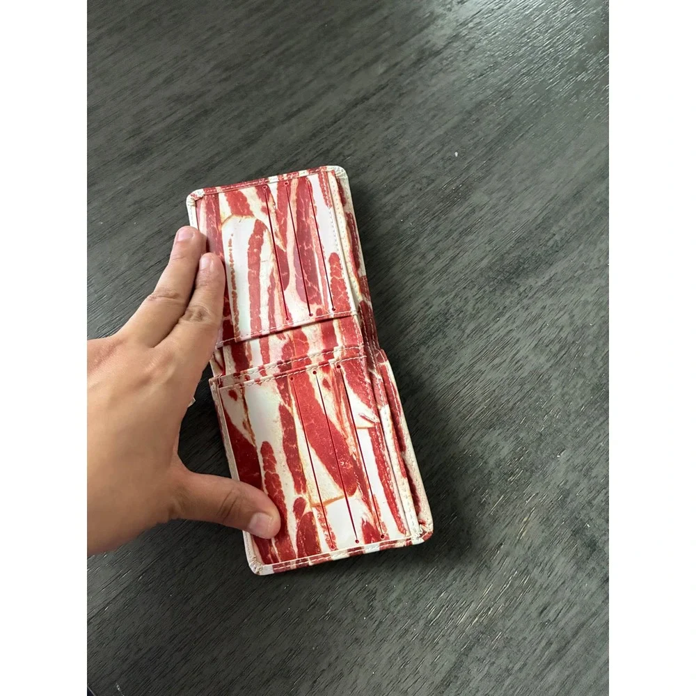 Bacon Print Novelty Bifold Wallet Mens Realistic Food Pattern Red White Slim